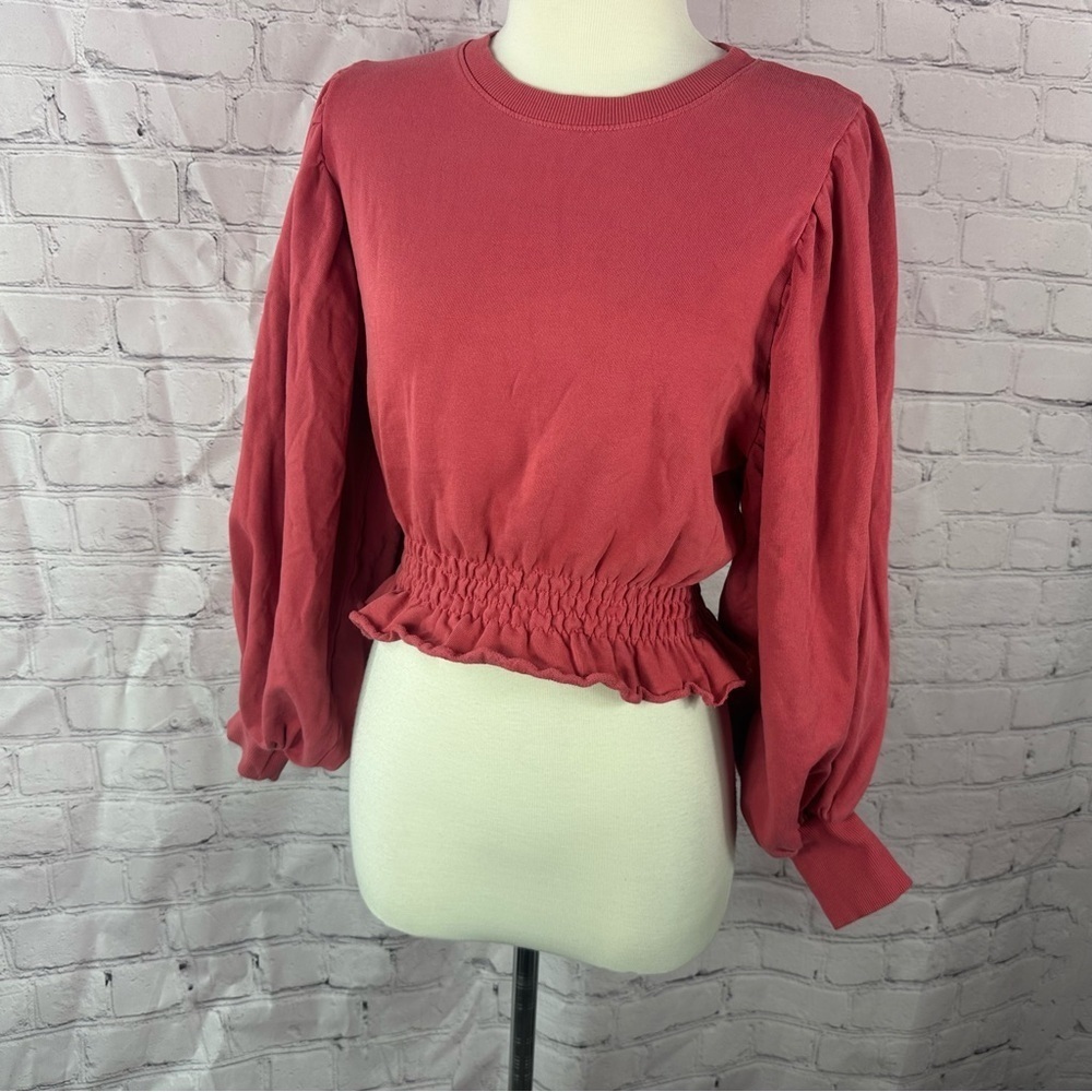 zara distressed raw edge Women's Red Smocked Waist Top sz small